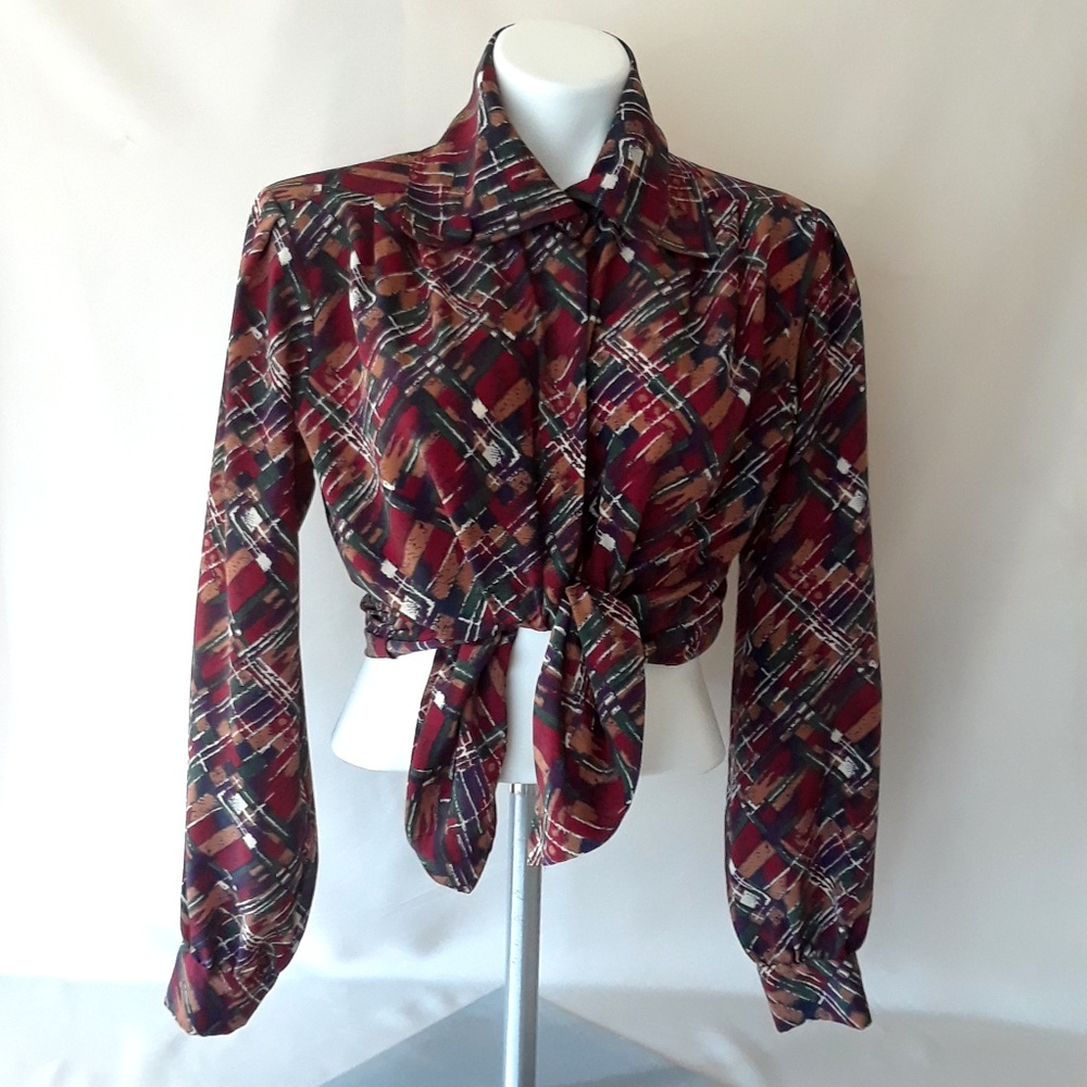 Vintage 1980s Multicolored Abstract Mock Neck Button Down Blouse